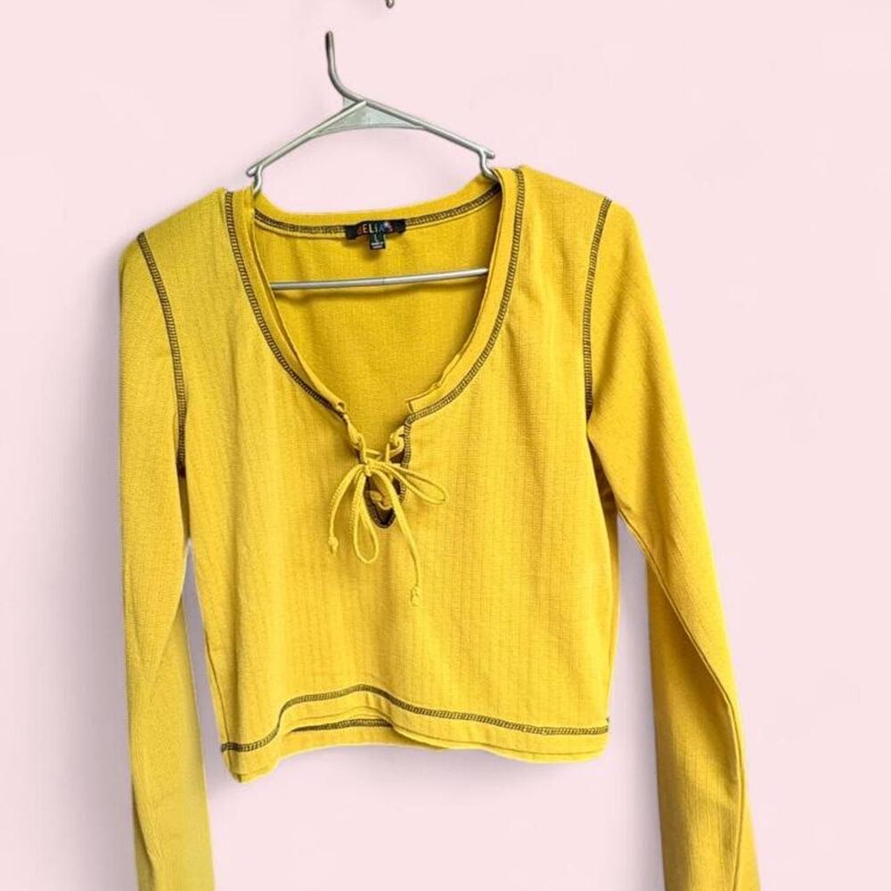 dELiA*s size L mustard yellow ribbed long sleeve crop top Coquette fairy grunge